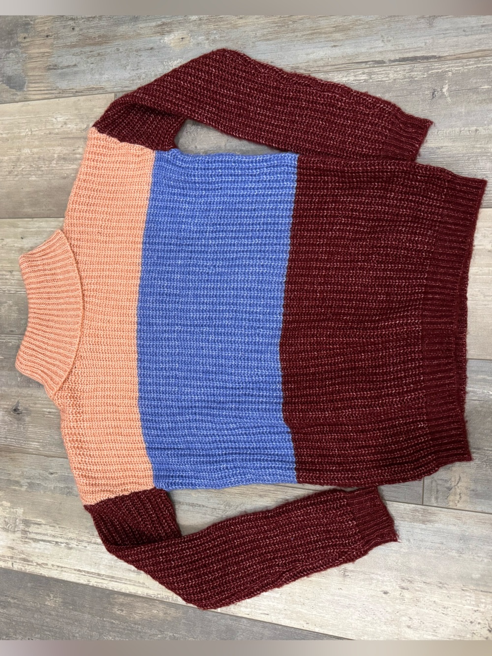 Planet Gold Peach, Blue & Burgundy Colorblock Turtleneck Sweater